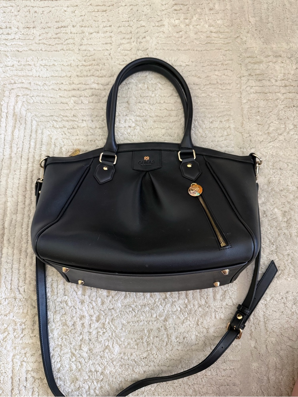 GUNAS New York Black Satchel Handbag Convertible Crossbody Gold Hardware